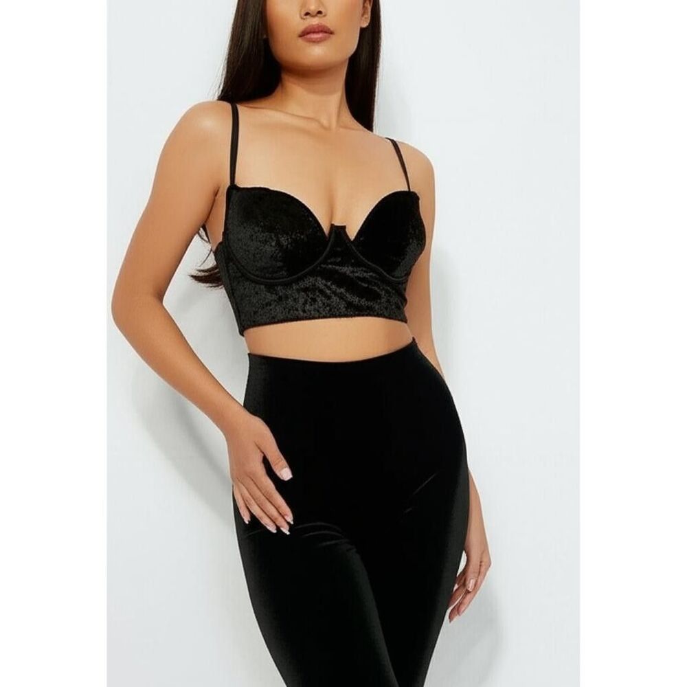 VICTORIA'S SECRET Very Sexy Bustier Crop Top Womens 34B Black Velvet Plunge